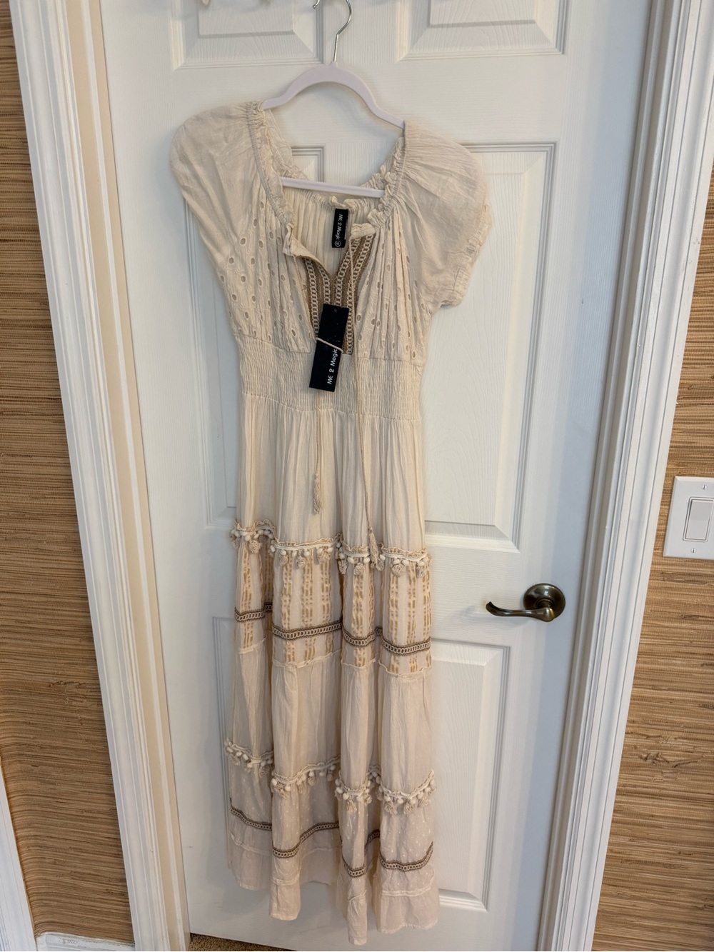 Women's Cream Boho Tiered Maxi Dress with Lace Accents